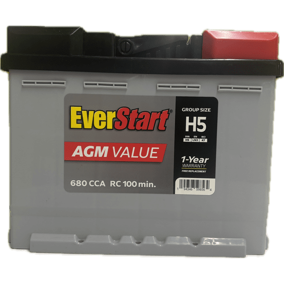 EverStart AGM Value Lead Acid 12 Volt Automotive Battery, Group Size H5, 12 Volts, 680 CCA