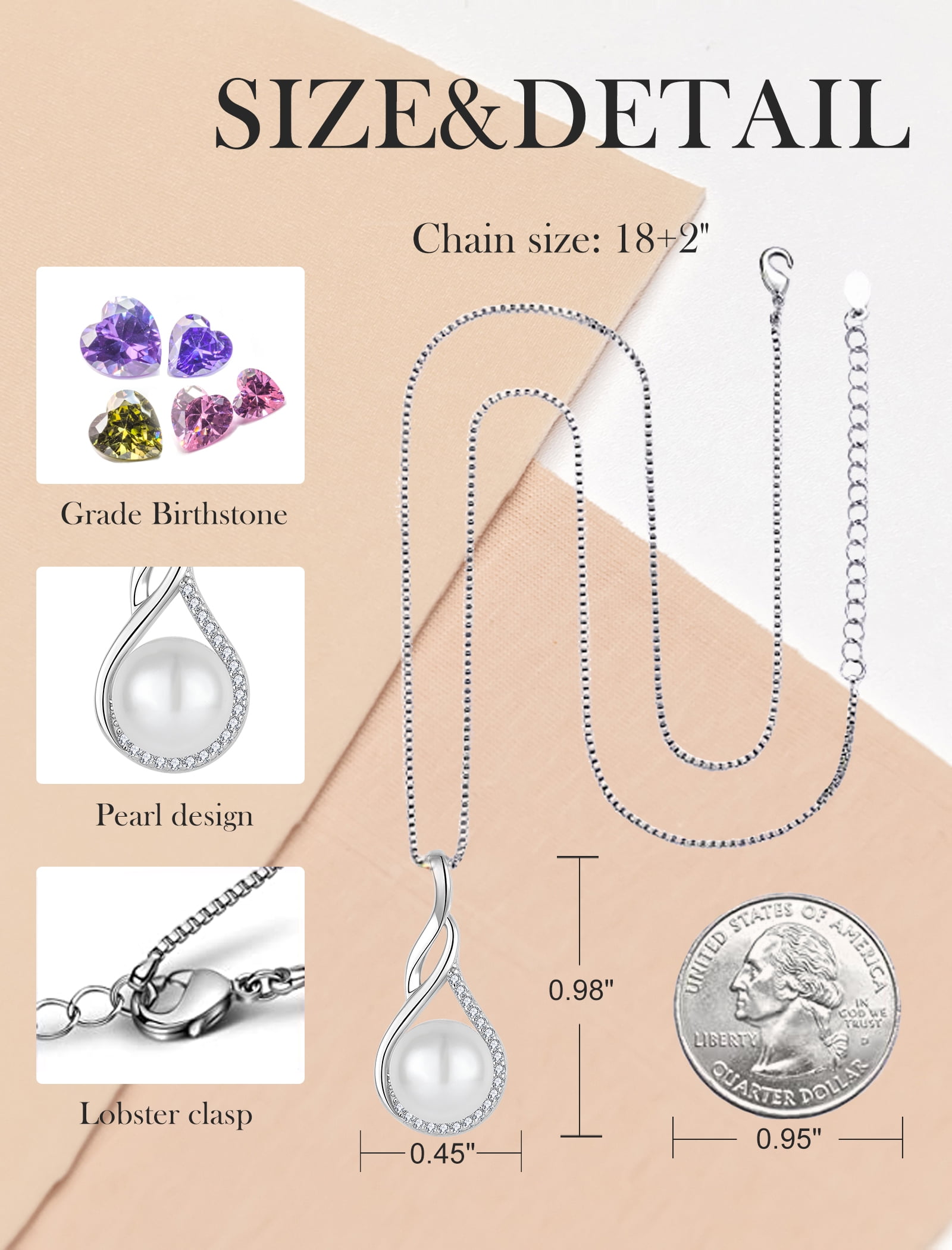 PYNZY Infinity Pearl Necklace for Women, 925 Sterling Silver 18K White Gold Plated CZ Pearl Pendant Necklace 9MM Freshwater Cultured Pearl Jewelry Gift