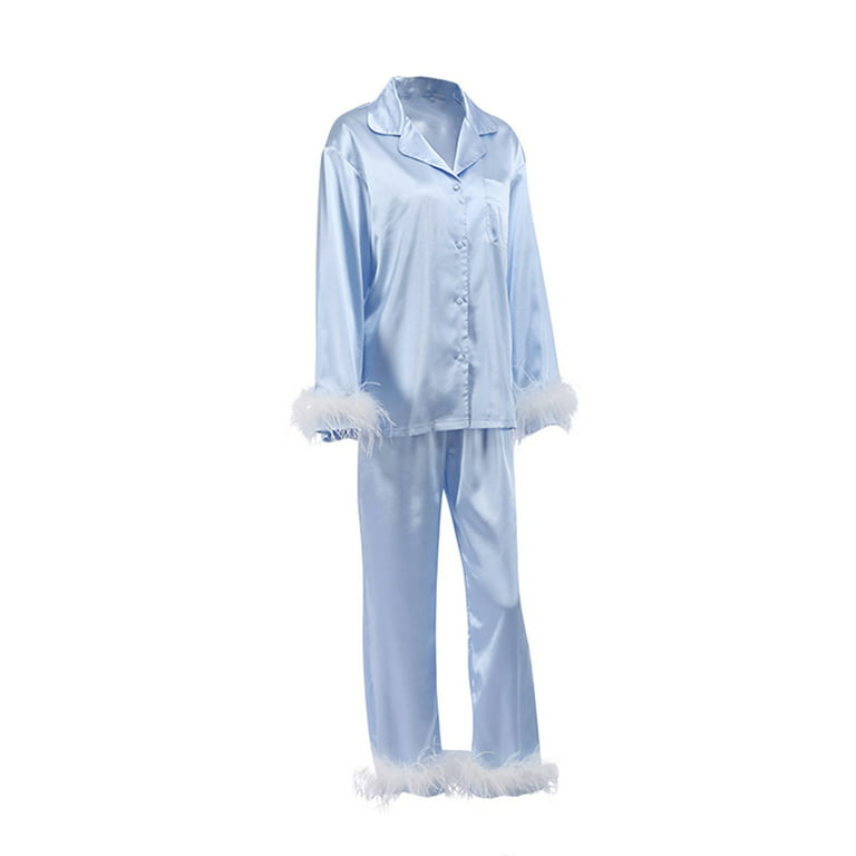 Satin Feather Pajama Shirt and Pants Set