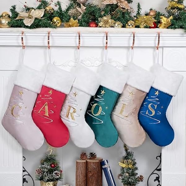 wonima02 Initial Christmas Stockings Monogrammed with Letters Capital 20 Inch Large for Family Luxury Velvet Embroidered with Soft Faux Fur Xmas Tree Fireplace Ornament Decoration (Blue, Letter A)