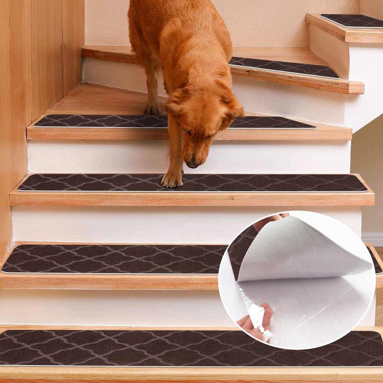 Kaskawise Carpet Stair Treads Non Slip with Self Adhesive, 30"x8" Reusable Anti Slip Tapes for Stairs Set of 15, Skid Resistant Indoor Stair Rugs Stair Mats Stair Covers for Wood Stairs, Brown