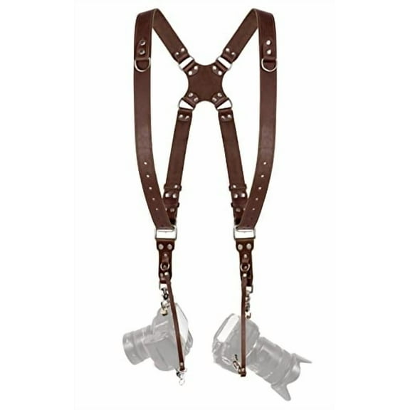 Camera Harness for 2 Cameras – Dual Shoulder Leather Camera Strap – Double Camera Harness for DSLR/SLR, Standard Brown