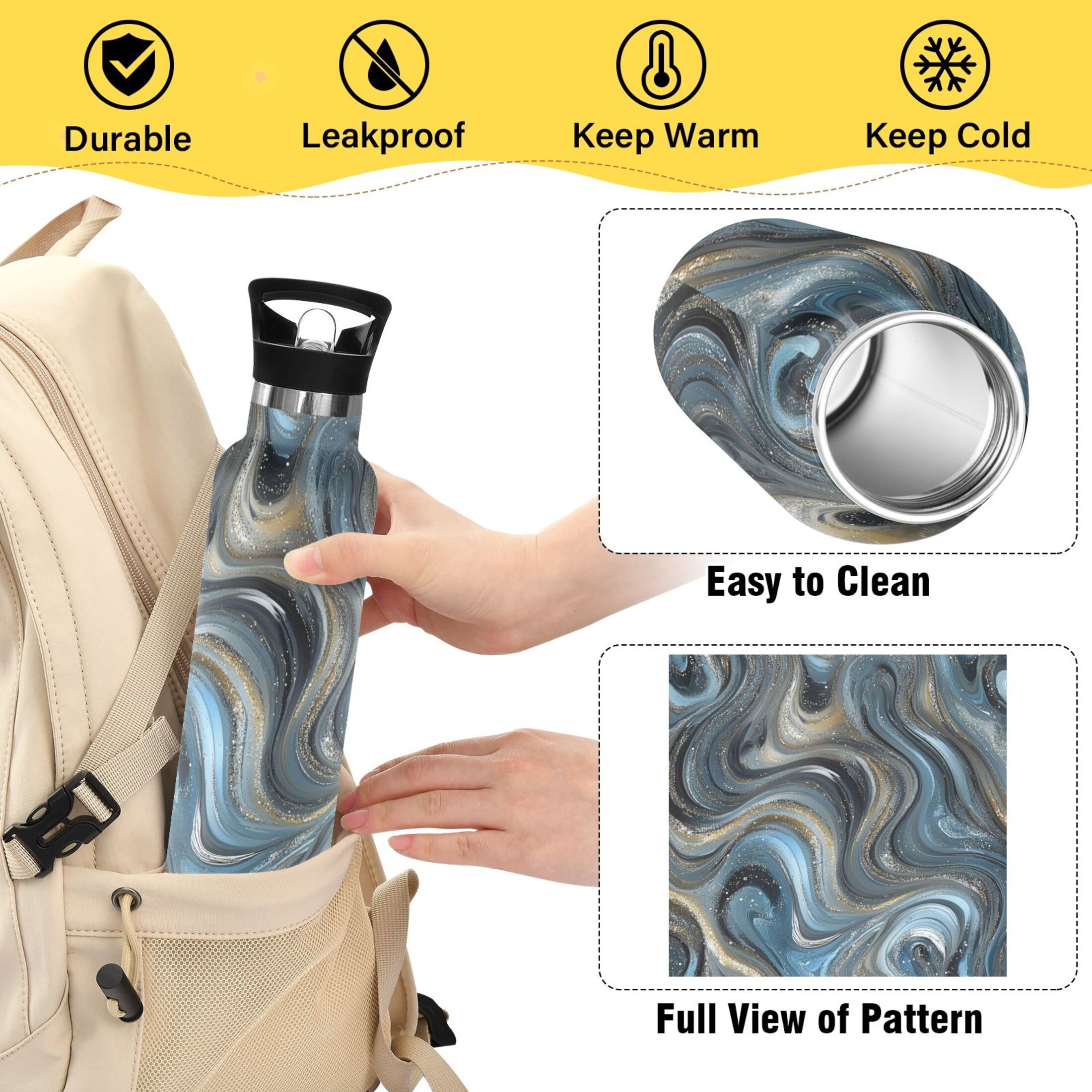 Kids Insulated Stainless Steel Sports Water Bottle 600ml (20oz) Swirling Metal and Marble Pattern