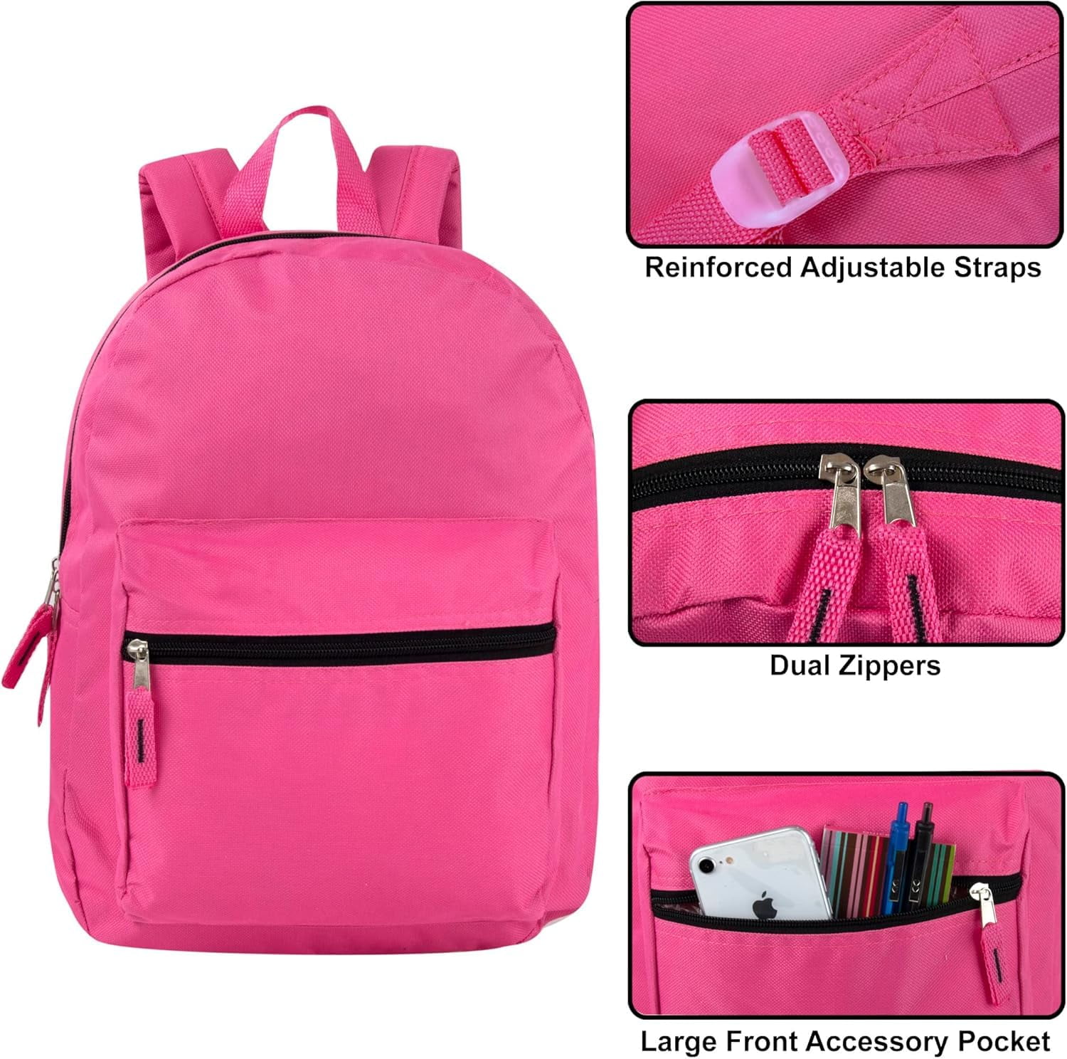 24 Pack of Bulk Wholesale Solid Color Backpacks for Work, Travel, Commuting, Gym and Recreation in 12 Color Assortment