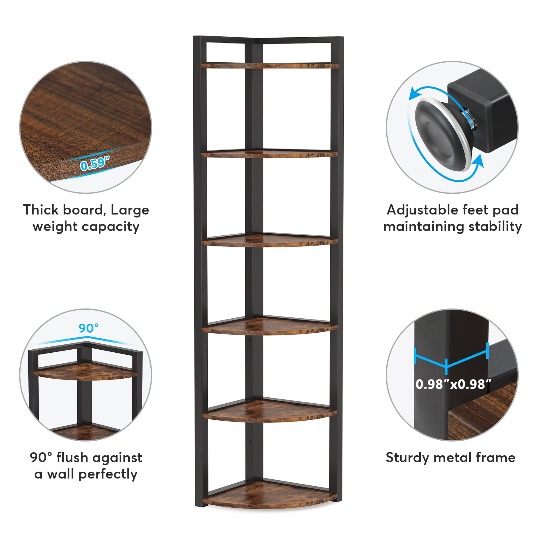 Fnova 70.9" 6-Tier Corner Shelf, Rustic Corner Bookshelf, Compact Storage Rack for Living Room, Home Office, Kitchen