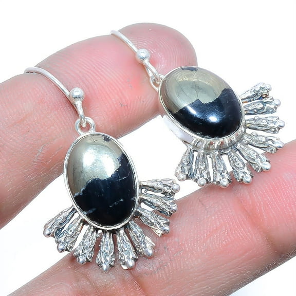 Pyrite In Magnetite 925 Sterling Silver Earring 1.38", Iron Pyrite Earring, Drop Dangle Earring, Black Earring, Gift for her, Elegant Earring, Gemston