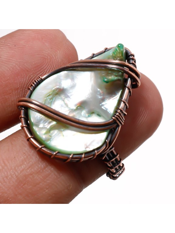 Abalone Shell Gemnstone Ring Handmade Gift Wire Wrap Copper Jewelry 7.50" CR 324
