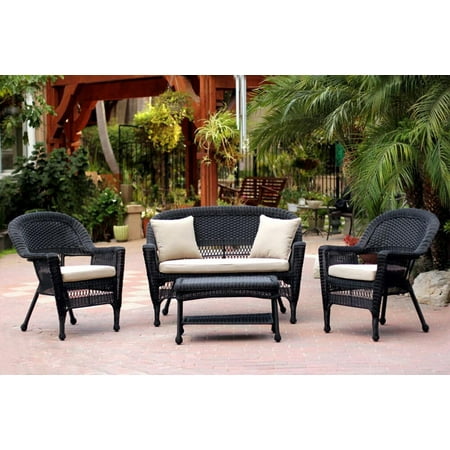 4 Piece Black Wicker Patio Chair Loveseat Table