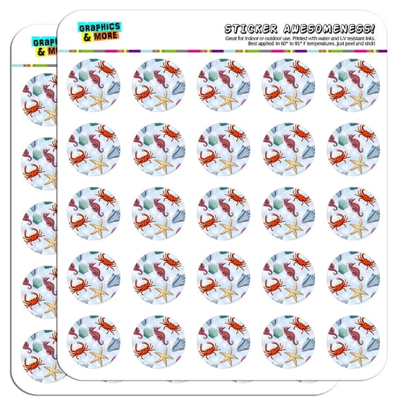 Sea Life Shells Seahorse Crab Starfish Blue 1" Scrapbooking Crafting Stickers