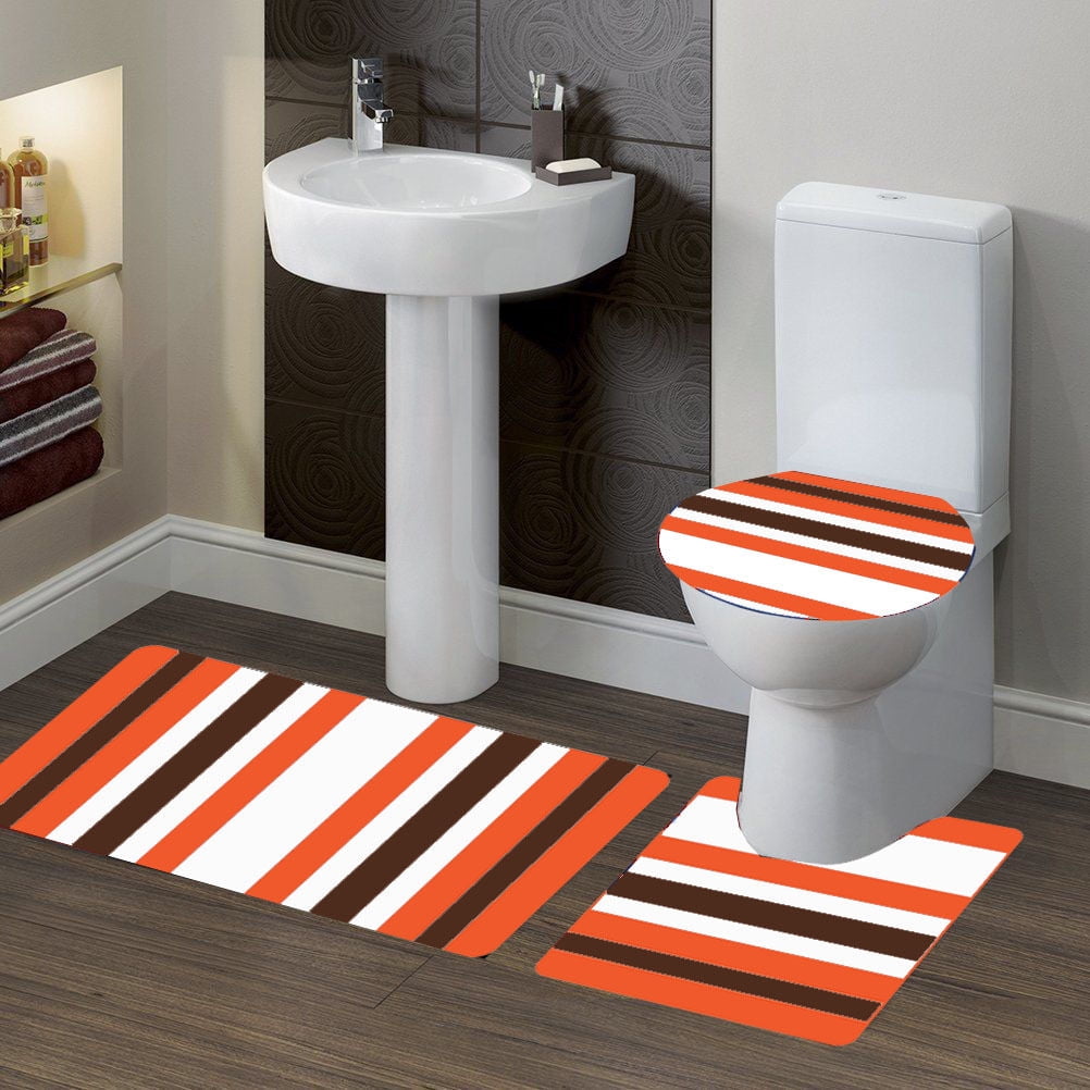 3 Piece Bathroom Bath Mat Contour Rug Set with Toilet Lid Cover Stripe