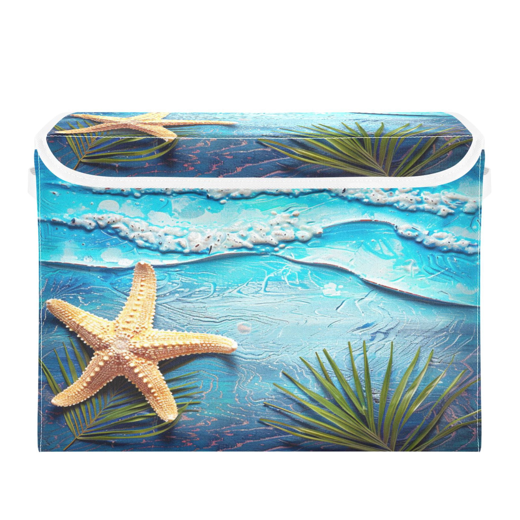 Ryvnso Sea Star on Retro Beach Large Lidded Foldable Storage Baskets Cubes Boxes Lids Bin for Home