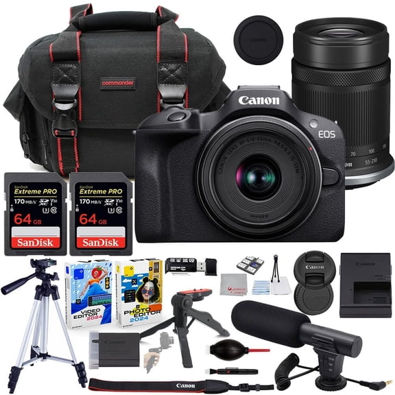 Canon EOS R100 Mirrorless Camera with 18-45mm & 55-210mm Lens Bundle with Commander Gear Bag   Microphone   2X 64GB Extreme Memory Cards   Accessory Kit