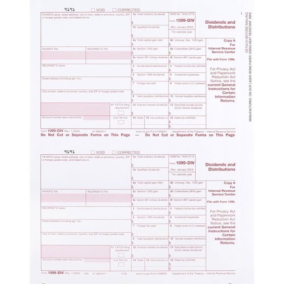 1099-DIV Income Tax Forms 2025 4-Part Laser Forms with Envelopes 10 Pack