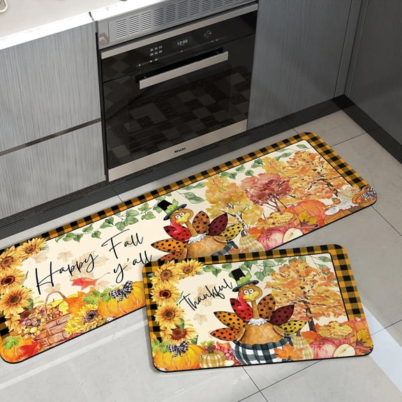 Thanksgiving Fall Kitchen Mat Buffalo Plaid Kitchen Rugs Sets of 2 Turkey Sunflower Pumpkin Runners for Decor Hallways, Sink, Laundry Room, Floor Carpet Non Slip Washable 16x24 16x41in