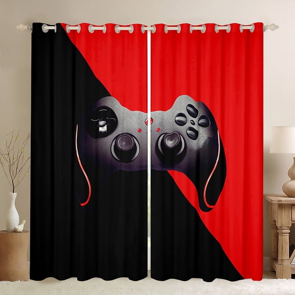 Manfei Game Console Print Black Out Curtains, Black Red Curtains Pack of 2 (42x63 Each), Video Gaming Player Bedroom Curtains, Curtains and Drapes Room Decor