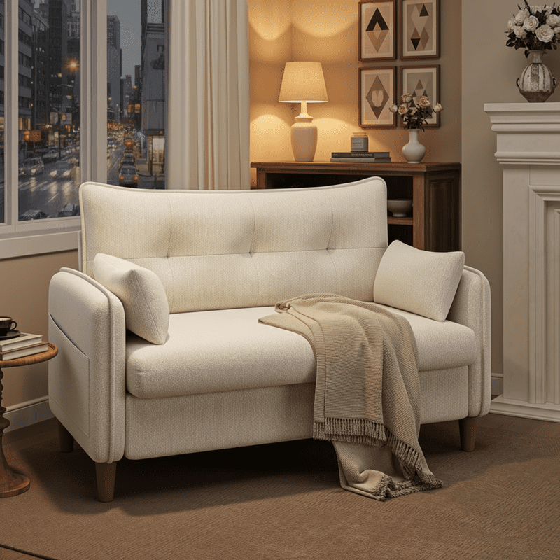 50" Loveseat Couch with Tufted Design | Space-Saving Love Seat Sofa for Small Spaces, Bedroom, and Apartment | Ivory White