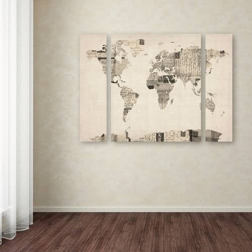 Trademark Fine Art "Postcard World Map" Canvas Art by Michael Tompsett Three Panel Set