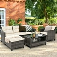 thumbnail image 2 of Patiojoy 4 Piece Patio Rattan Set Outdoor Wicker Conversation Set w/ Lounge Sofa 2-Tier Coffee Table Tempered Glass Tabletop, 2 of 9