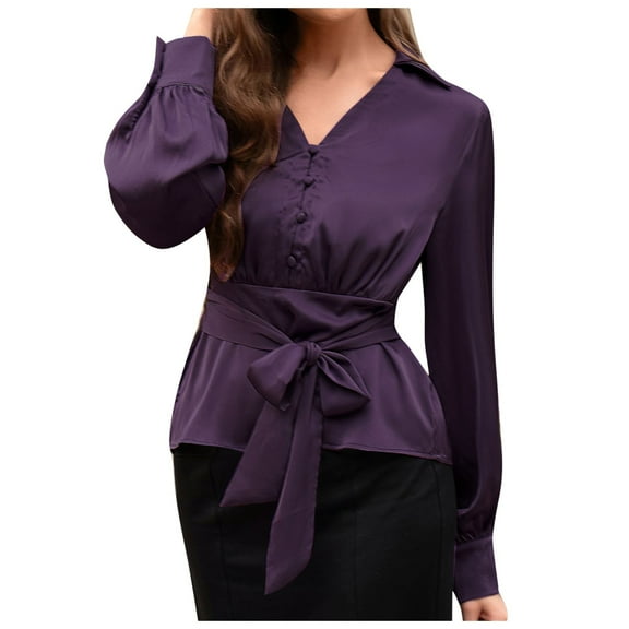 Summer Tops, Women'S Tops, Trendy Women's Long Sleeve Lapel Shirt with Casual Front Tie for Stylish Everyday Wear