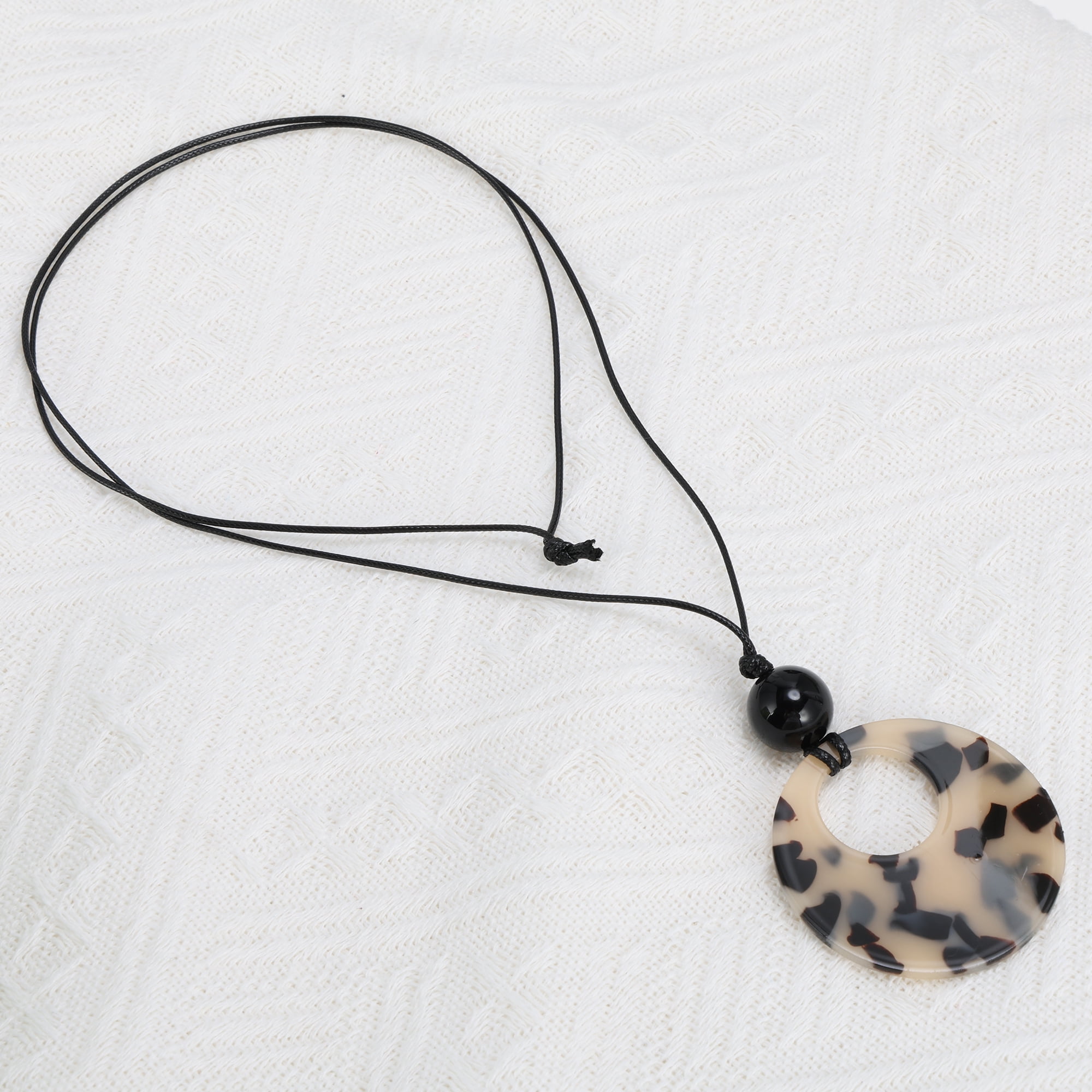 Unique Bargains Round Pendant Bohemian Long Sweater Necklace 12.2"-15.7" White Brown 1 Pc