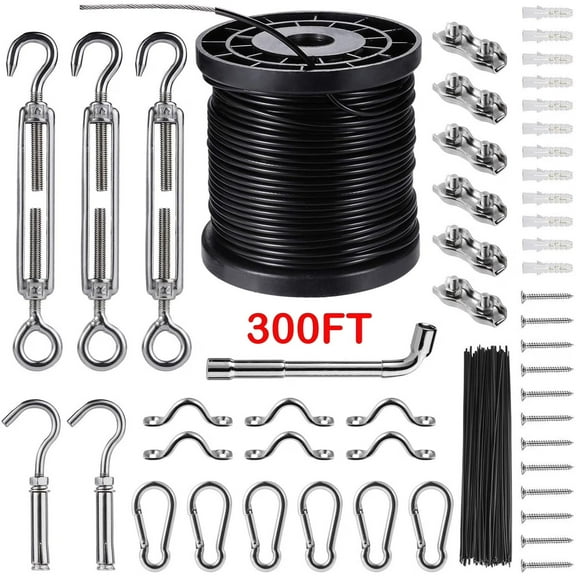 String Lights Hanging Kit, 300ft Nylon-Coated Stainless Steel Wire Rope Cable, Turnbuckle and Hooks