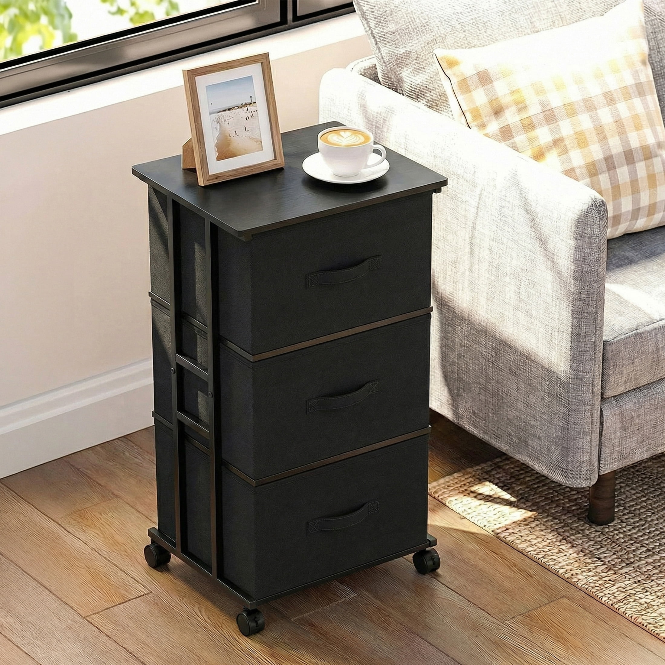 CONCETTA Dresser Storage with 3 Drawers, Storage with Wheels for Bedroom, Home Office, Black