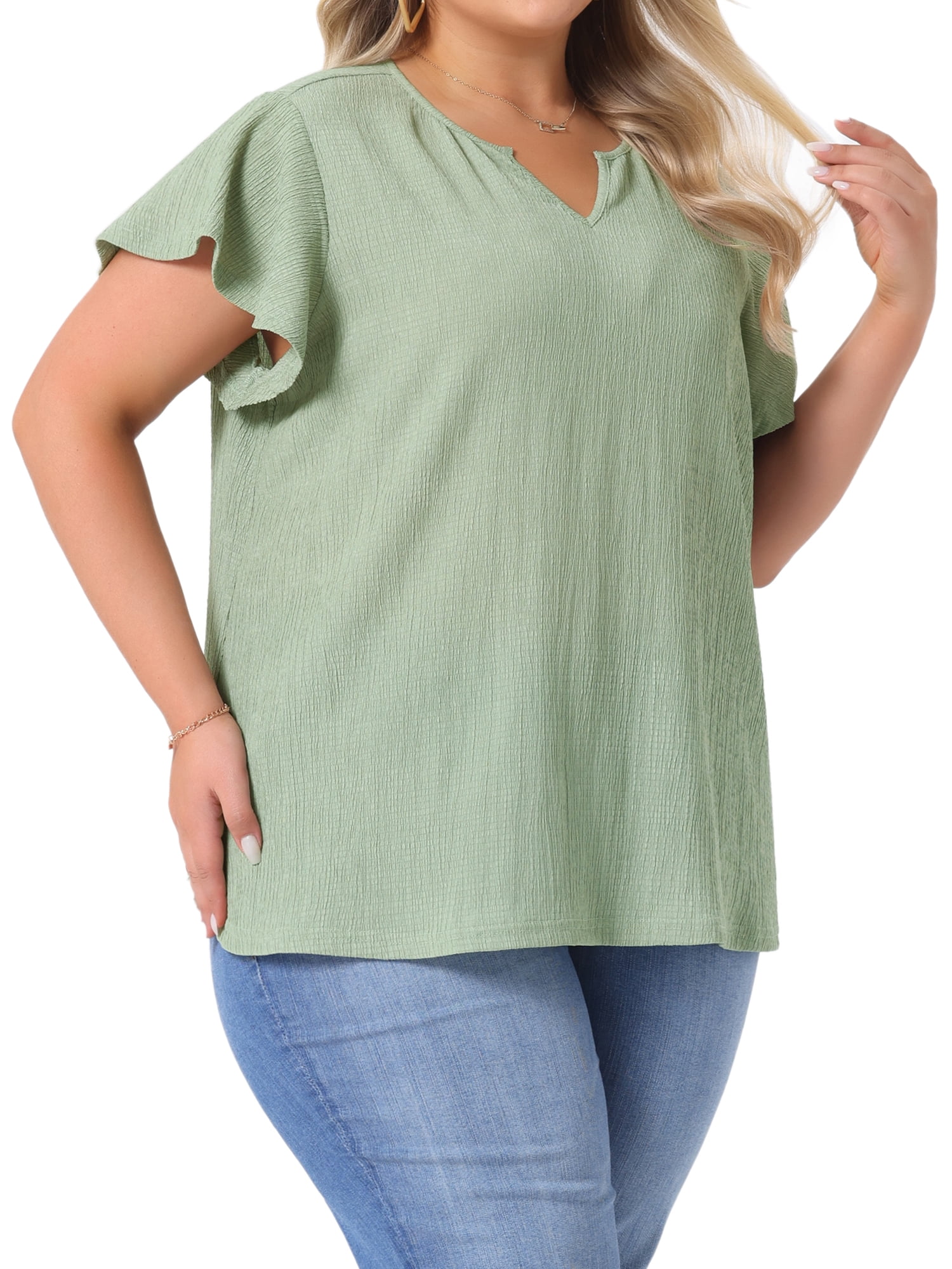 DARING DIVA Women's Plus Tops V Neck Ruffle T Shirt Blouses 2X Green