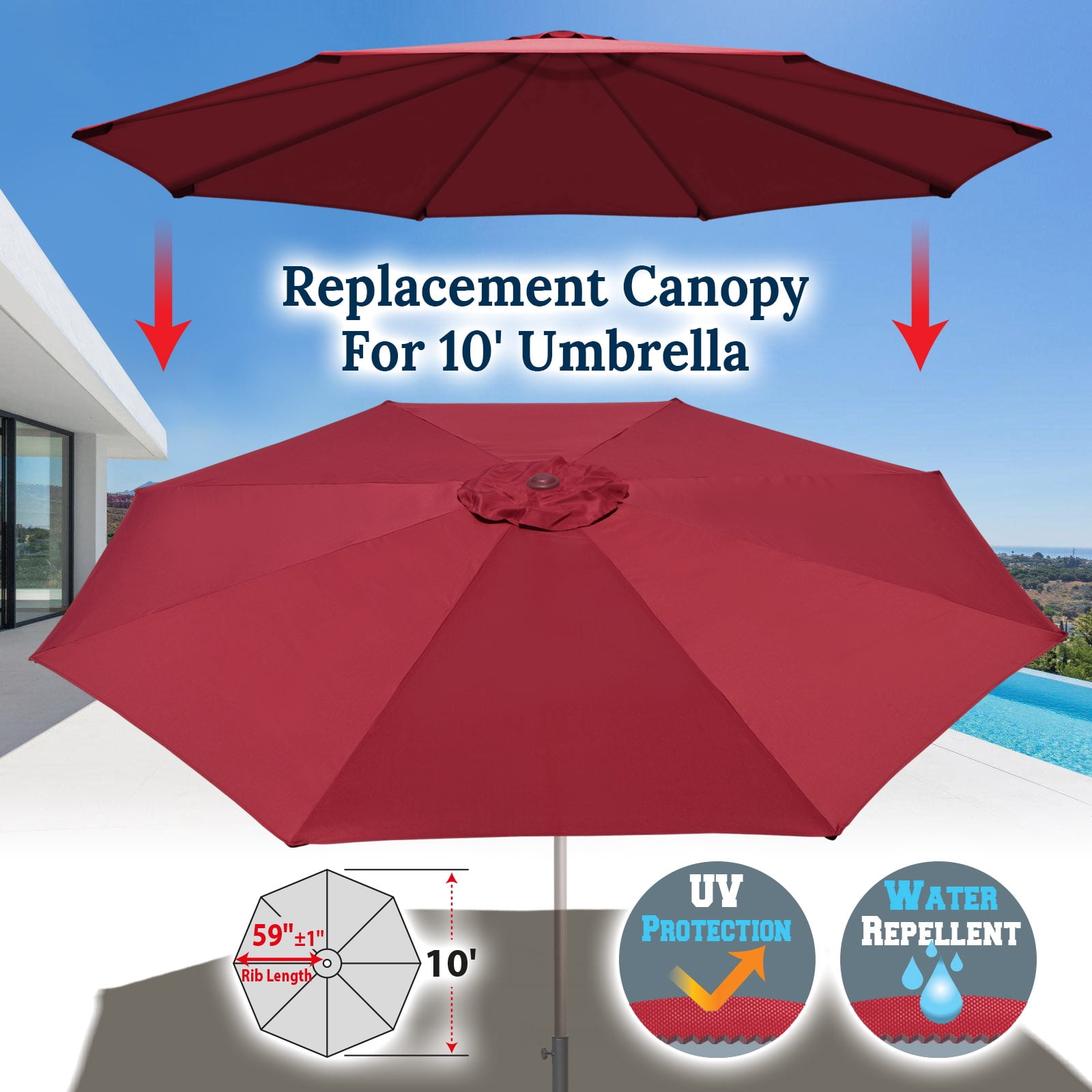 Sunrise 10' Umbrella Canopy Top Cover Patio Replacement Top Cover 8 Ribs Outdoor Sunshade (Burgundy, Cover only, Frame not Included)