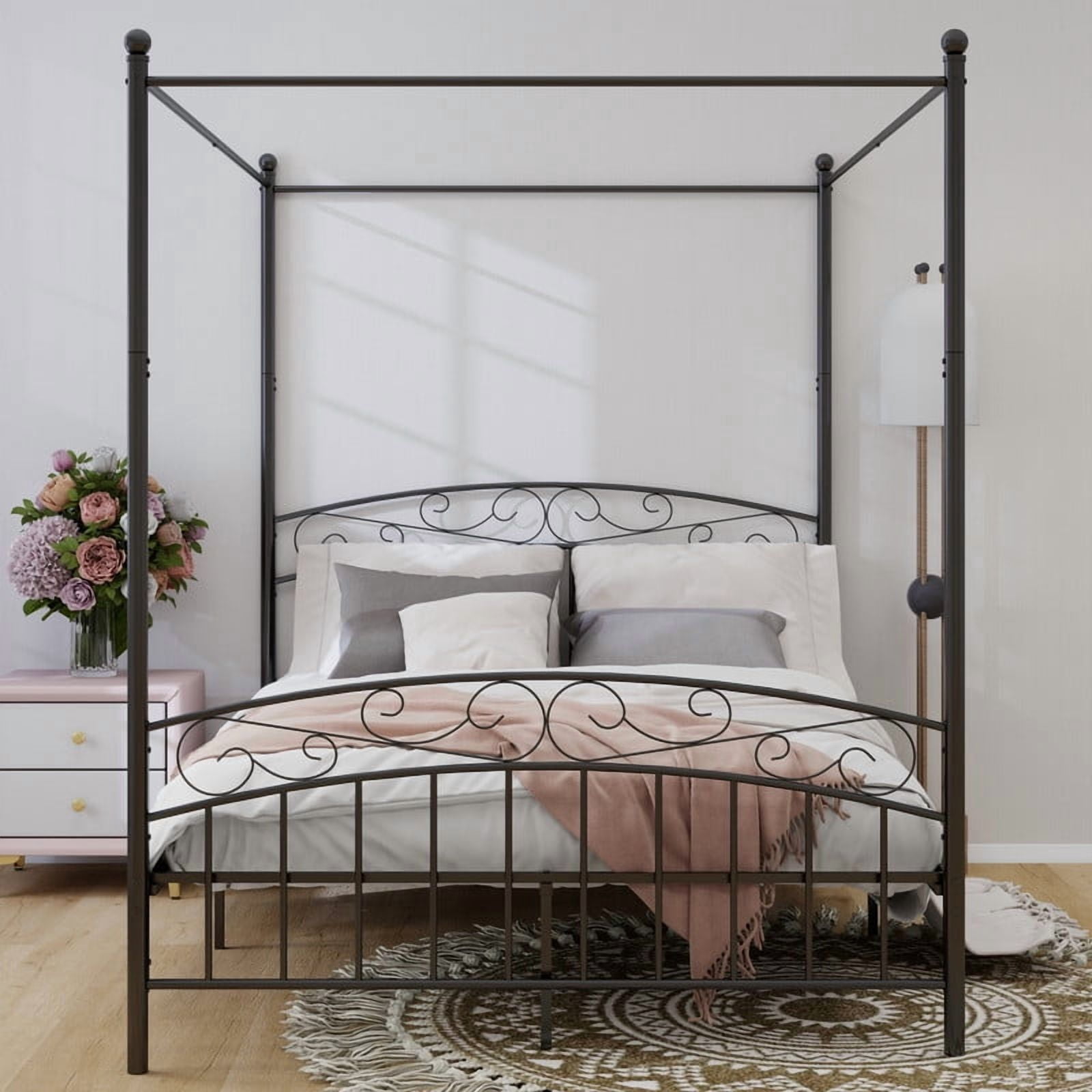 Caxkun Queen Size Canopy Bed Frame Four-Poster Metal Platform Bed with Headboard and Footboard Sturdy Heavy Duty Steel Slat Support，Black