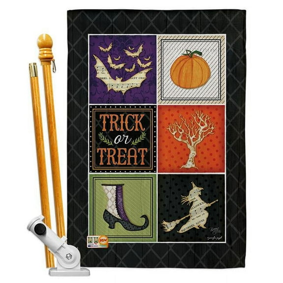 Breeze Decor BD-HO-HS-112074-IP-BO-D-US18-SB 28 x 40 in. Trick or Treat Collage Fall Halloween Impressions Decorative Vertical Double Sided House Flag Set with Pole Bracket & Hardware
