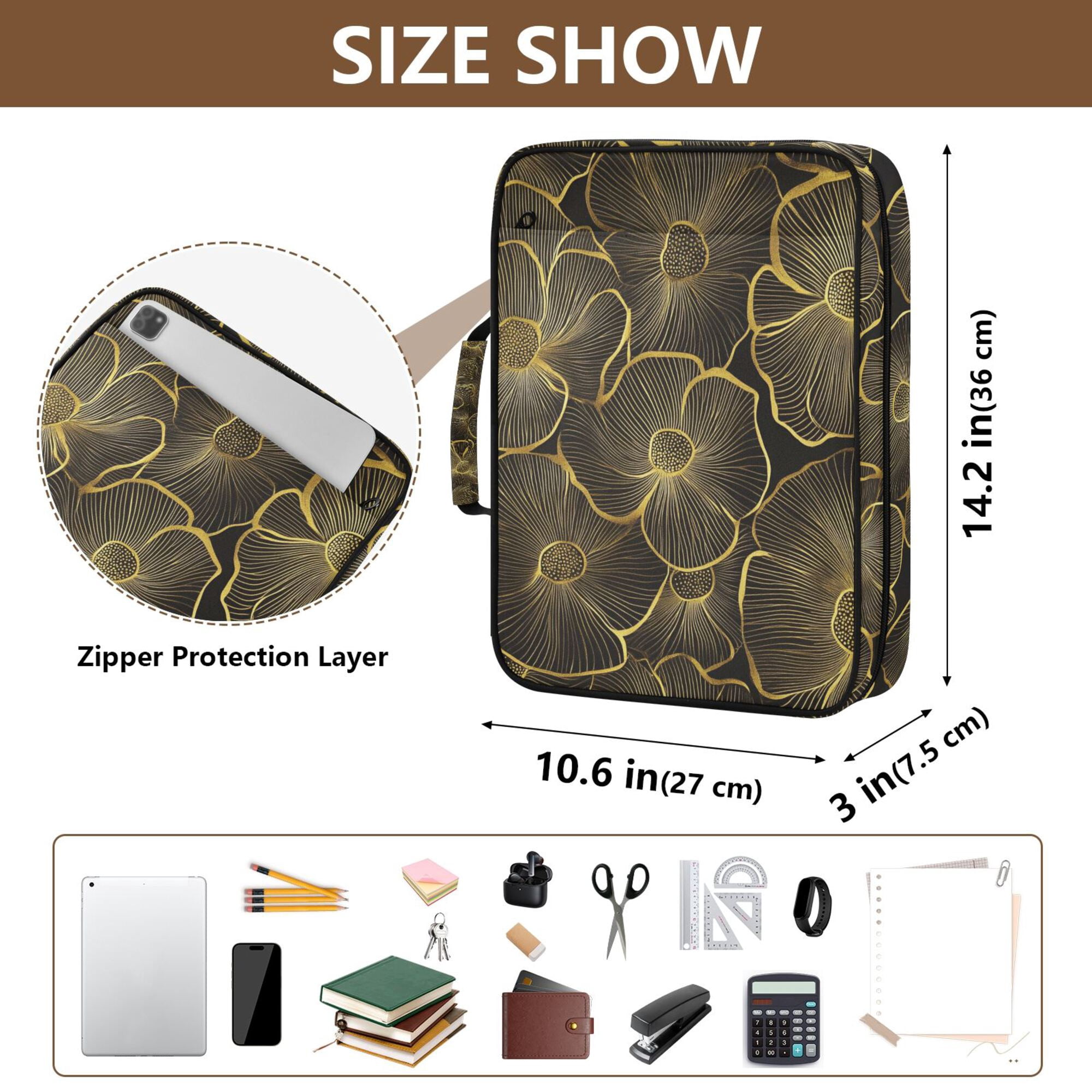 FORMRS Accordion File Folder A4 Size 7-Pocket Expanding Document Organizer Bag with 3 Ring Binder, Black Flower Pattern