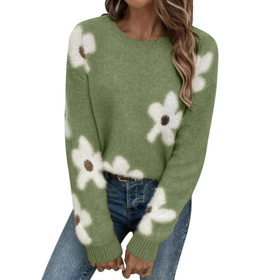 Stamzod Flower Printed Sweaters for Women Round Neck Long Sleeved Pullover Sweater Fall Outfits for Women 2025 Green L