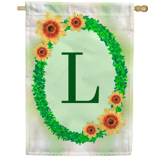 America Forever Summer Sunflower Wreath Monogram House Flag Letter O 28 x 40 inches Green Ivy Wreath Summertime Double Sided Vertical Outdoor Yard Lawn Decorative Seasonal Yellow Floral House Flag