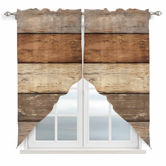 Farmhouse Beige Brown Swag Valances for Windows, Kitchen Curtains 36 Inch Length 2 Panels Set, Vintage Wooden Striped Short Curtains for Small Windows Rod Pocket Cafe Curtains Drapes 28"x36"