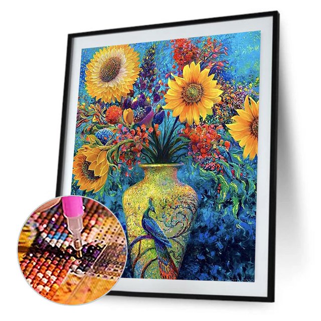 Cuadros Decorativos Kits de pintura de diamantes redondos completos jarrón de girasol cuadro de arte de resina de mosaico (A2372) Ehuebsd embutido en tela