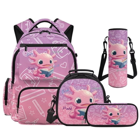 Bulopur 17 Inch 4 Piece School Backpack Set School Supplies Axolotl Print School Bookbag with Lunch Box Water Bottle Holder and Pencil Case for School and Learning Use