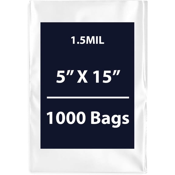 Multiple Sizes Clear Flat Poly Bags - 5"x15" & (1000 Bags) 1.5Mil Flat Open Top Plastic Packaging Packing | Flexible and Durable Plastic Bags | Low-Density Polyethylene (LDPE)