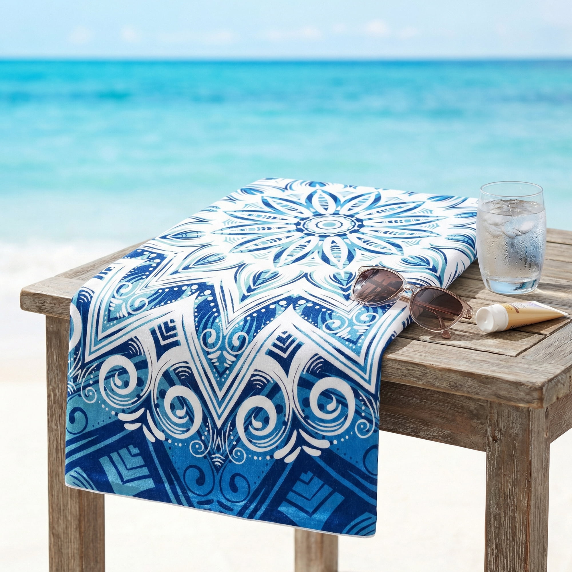 Unique Bargains Soft Absorbent Beach Towel 2 Pack Blue Green/Turquoise Mandala 71"x35"
