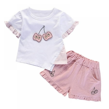

1-5Y Applique Striped Asymmetric Panel Ruffle Cotton Linen Baby Girl Summer Short Sleeve + Shorts 2 piece Set