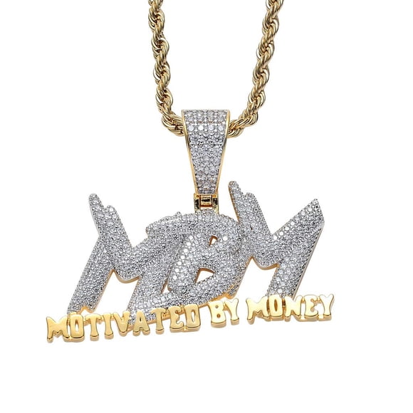 Iced Out Zircon Letter Motivated By Money Pendant Necklace Two Tone Plated Micro Paved Lab Diamond Bling Hip Hop Jewelry (Gold)