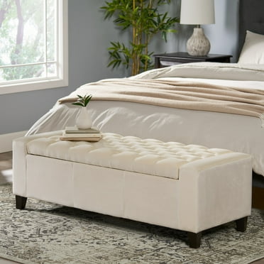 Noble House Euclid Rectangular Velvet Lift Top Storage Ottoman, Ivory