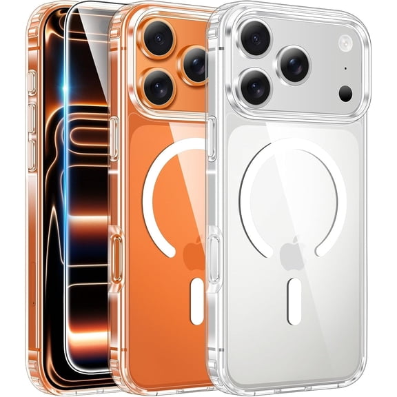 for iPhone 17 Pro-Max Case: Clear Magnetic Phone Cases with Screen Protector Compatible with Magsafe Slim Anti Yellowing Rugged Shockproof Protective Transparent Cell Cover