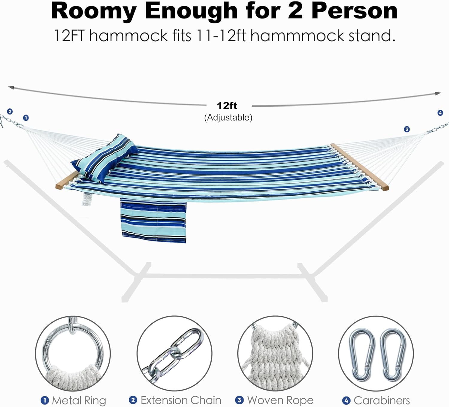 Hammock 2 Person Quilted Fabric Hammocks for Outside, Double 12ft Hammocks with Spreader Bar, Large Removable Pillow, Storage Bag, Carabiners, Max 475 lbs Capacity (Catalina Beach)