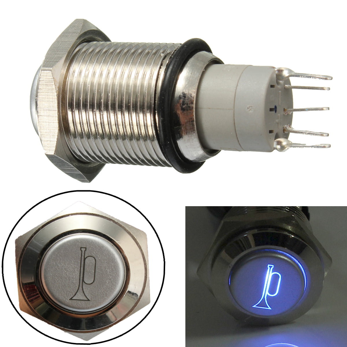12V 16mm Car Boat Blue LED Waterproof Momentary Air Horn Push Button Switch < 