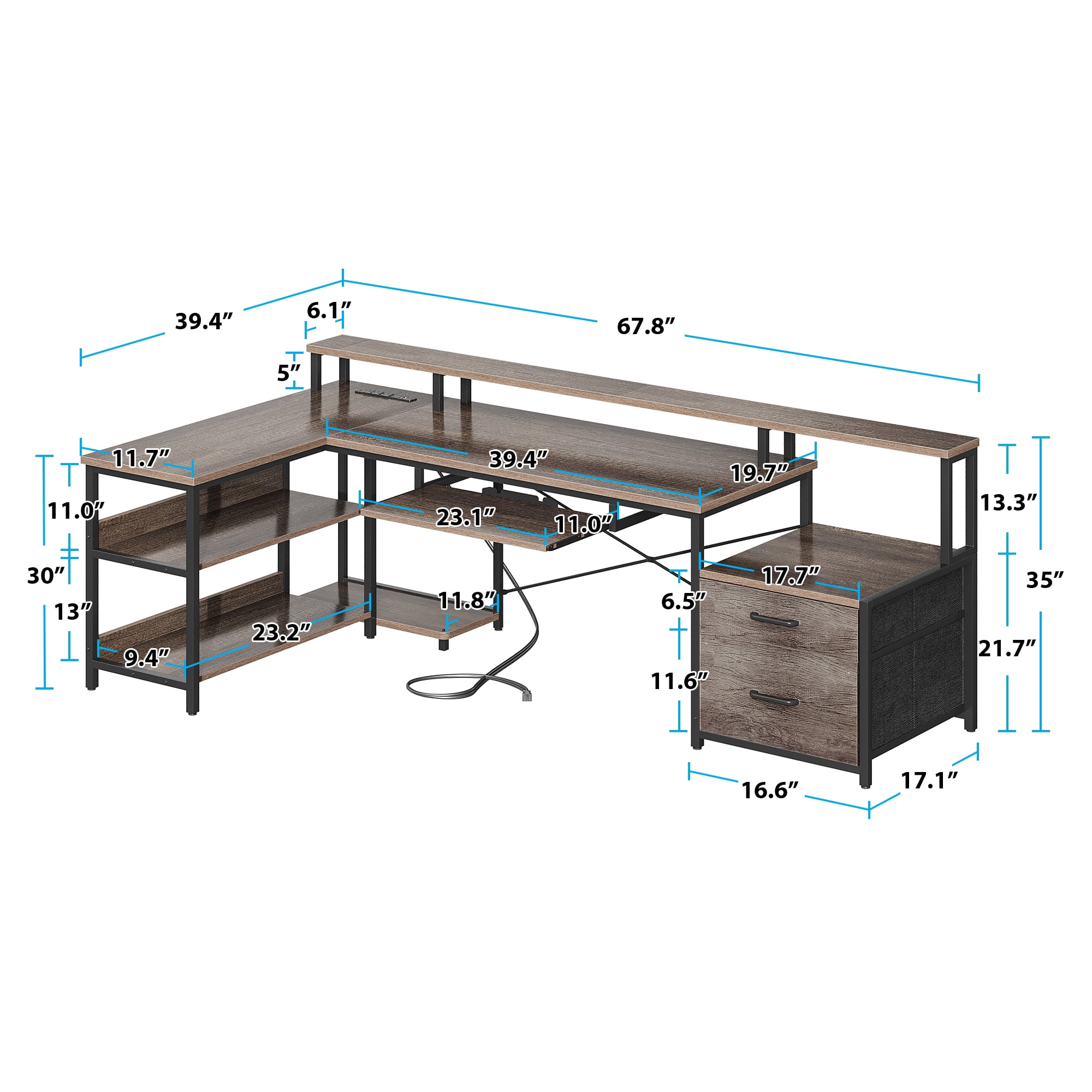 66 inch L-Shaped Gaming Desk with LED Lights & Power Outlets, Corner Computer Desk with 2 Drawers & Storage Shelves, Reversible Workstation for Home Office, Gray