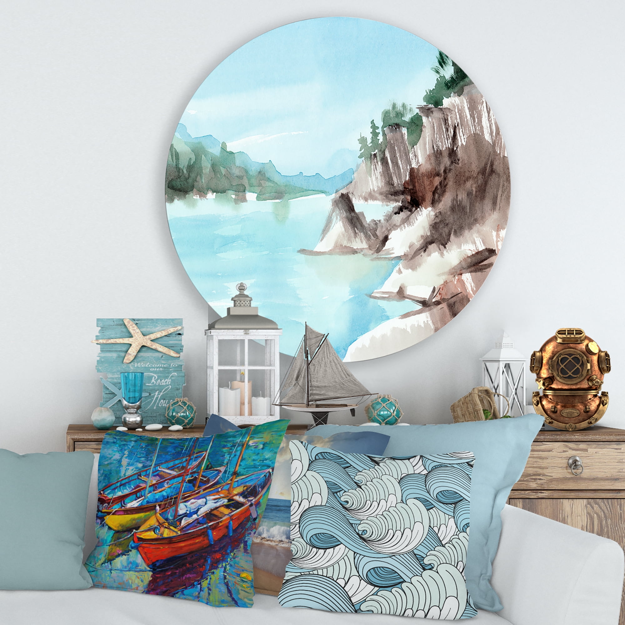 Designart 'Rocks With The Blue Lake' Lake House Circle Metal Wall Art 29x29 - Disc of 29