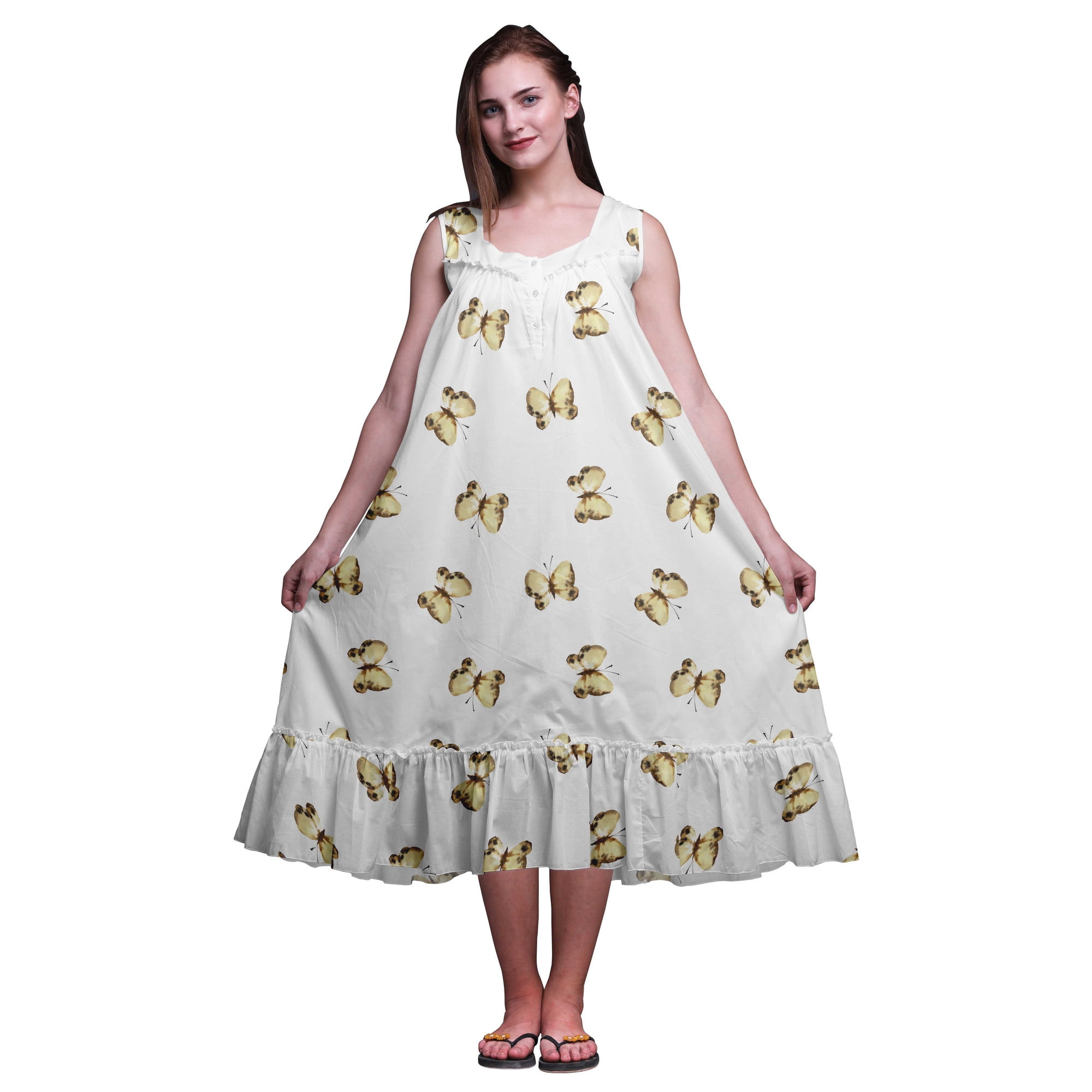 Bimba White Butterfly Butterflies Sleeveless Cotton Nightgowns For Women Printed Mid-Calf Length Sleepwear X-Large