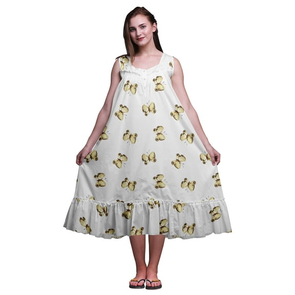 Bimba White Butterfly Butterflies Printed Cotton Nightgowns For Women Sleeveless Gown Sleepwear Maxi Dress Large