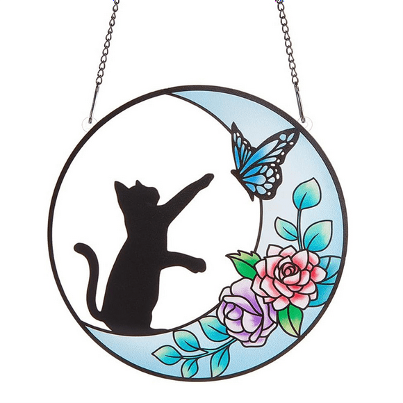 Moon Cat Painted Stained Glass Panels Suncatchers, Acrylic Window Wall Hanging Ornament for Bedroom Living Room Balcony