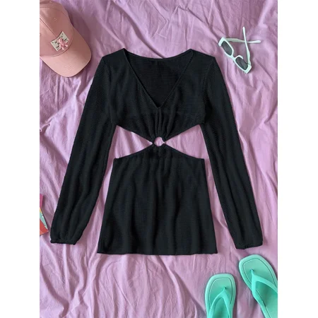 2024 Solid Color One Piece Swimsuit Women Long Sleeve Bikini Sexy V-neck Hollow Waist Monokini Summer Beach Swimwear Bodysuit (black S)